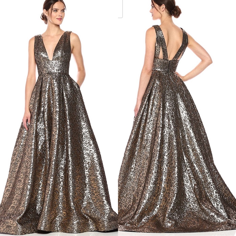 Mac Duggal Metallic Jacquard Antique Gold Gown SZ 14